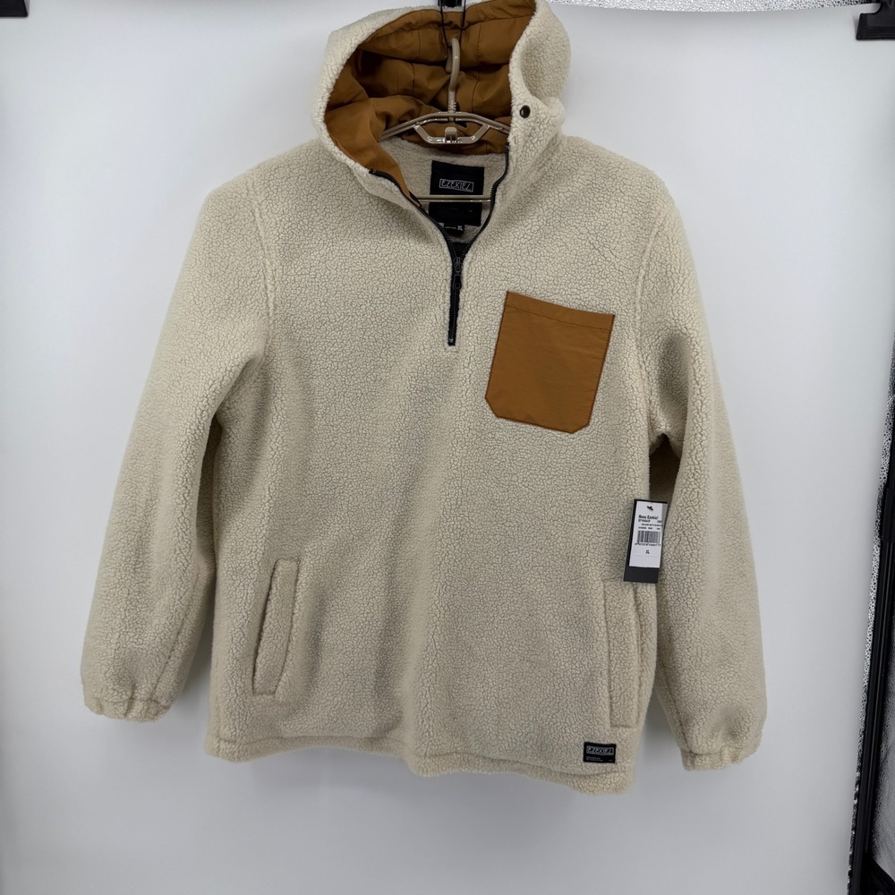 $115 NEW Ezekiel Mens XL Iceland Sherpa Fleece 1/4 Zip Hoodie Ivory Skate Grunge - Picture 3 of 8